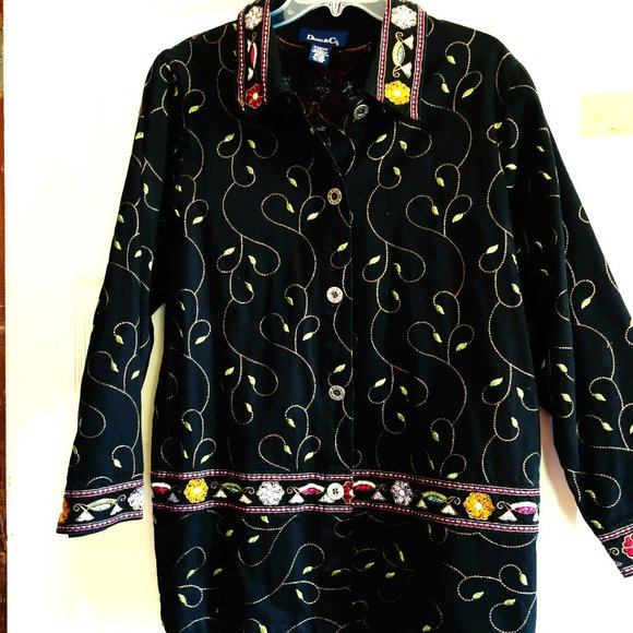 Denim & Co Black Vine Embroidered (Multi-Colored) Denim Jacket size M - Picture 1 of 5